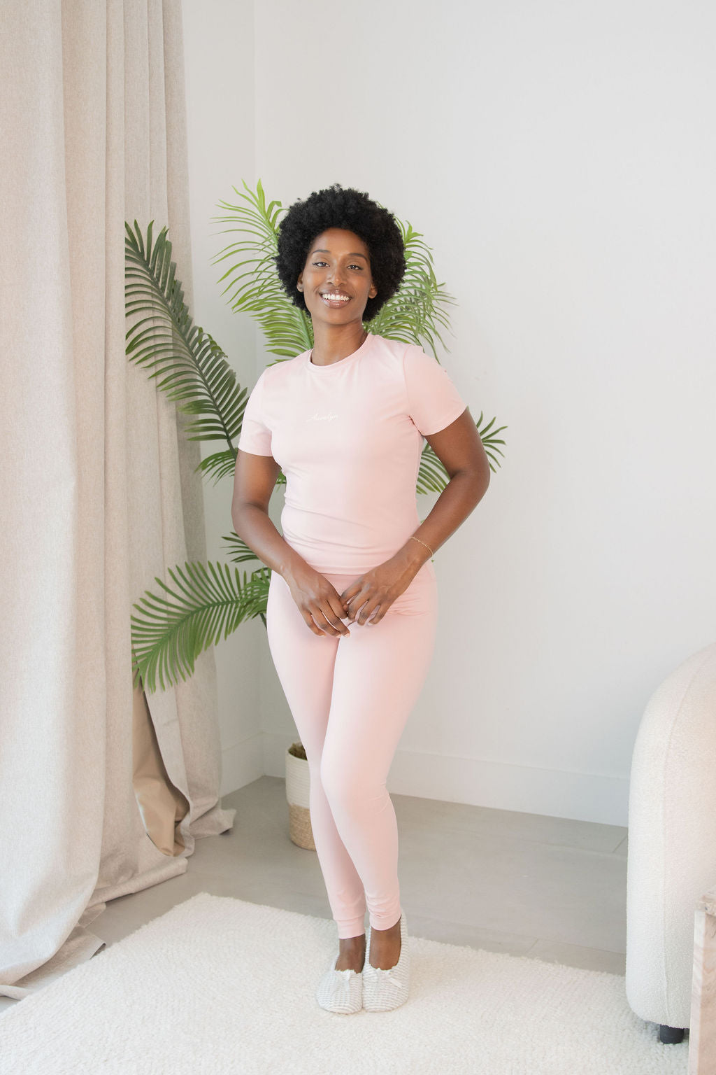 Front view of the Auralyn Luxe blush-pink stretch lounge set